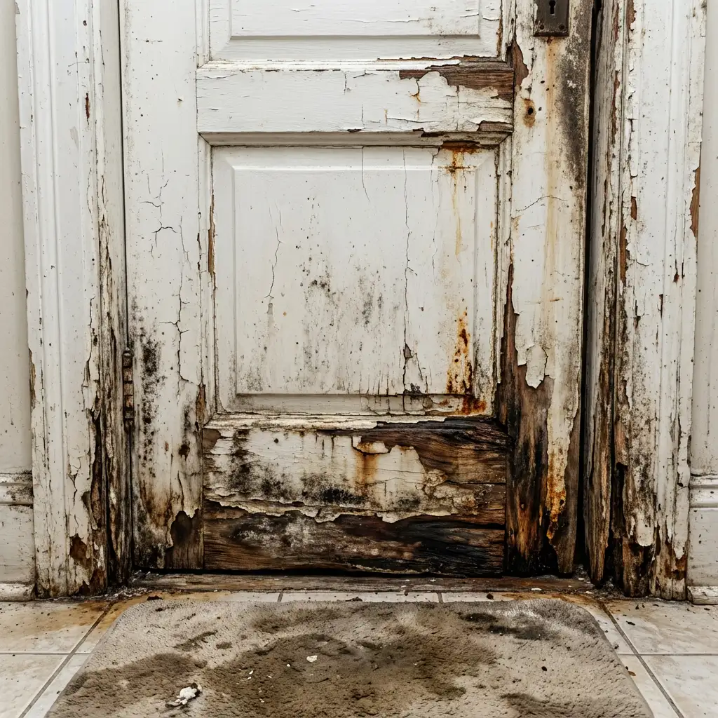 درب چوبی پوسیده سرویس بهداشتی به دلیل رطوبت